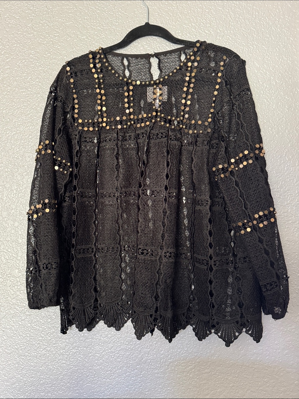Maeve Anthropologie Black AURALIS Gold Stud Crochet Blouse LARGE